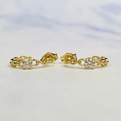 14K Yellow Gold Chain Link Brilliant Cubic Zirconia Hoop Earrings - Pushback - Solid Gold - Rolo Chain