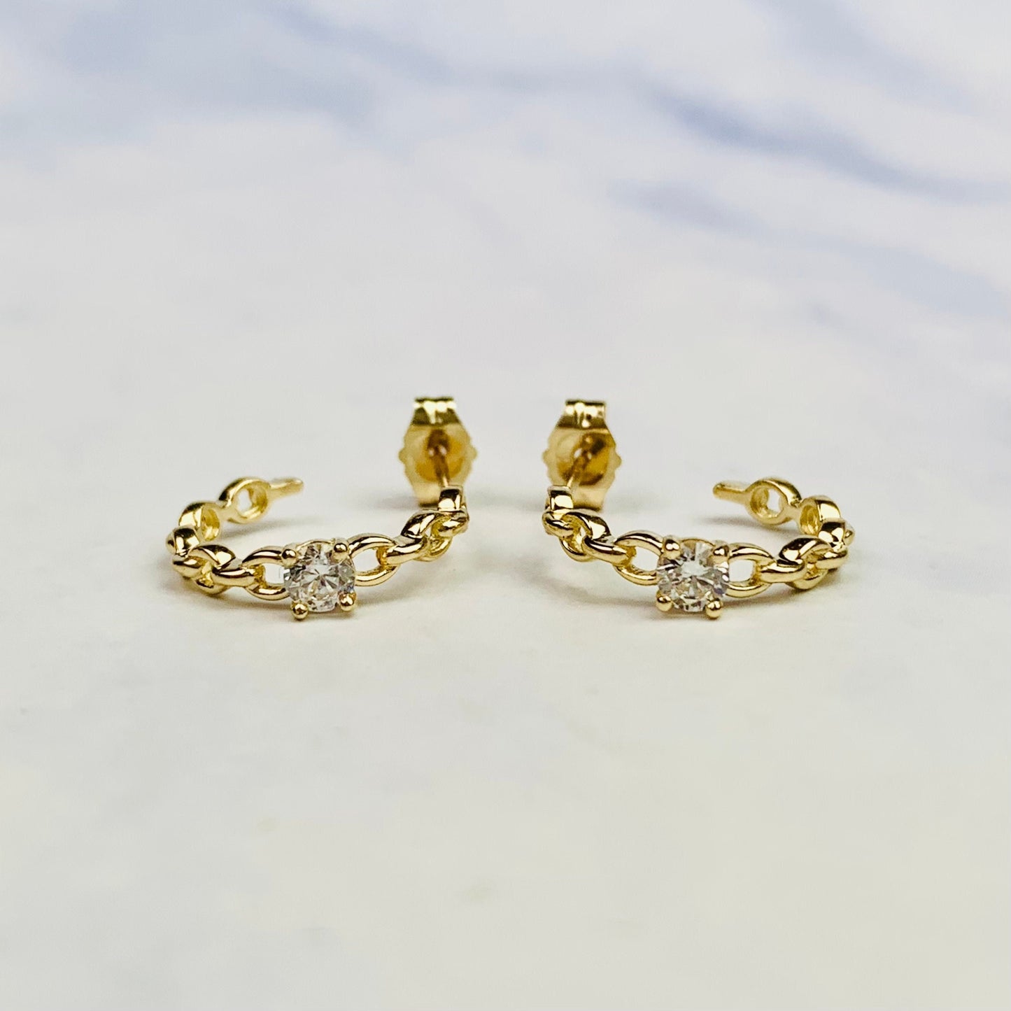 14K Yellow Gold Chain Link Brilliant Cubic Zirconia Hoop Earrings - Pushback - Solid Gold - Rolo Chain