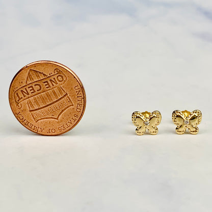 14K Solid Gold Small Butterfly CZ Stud Earrings