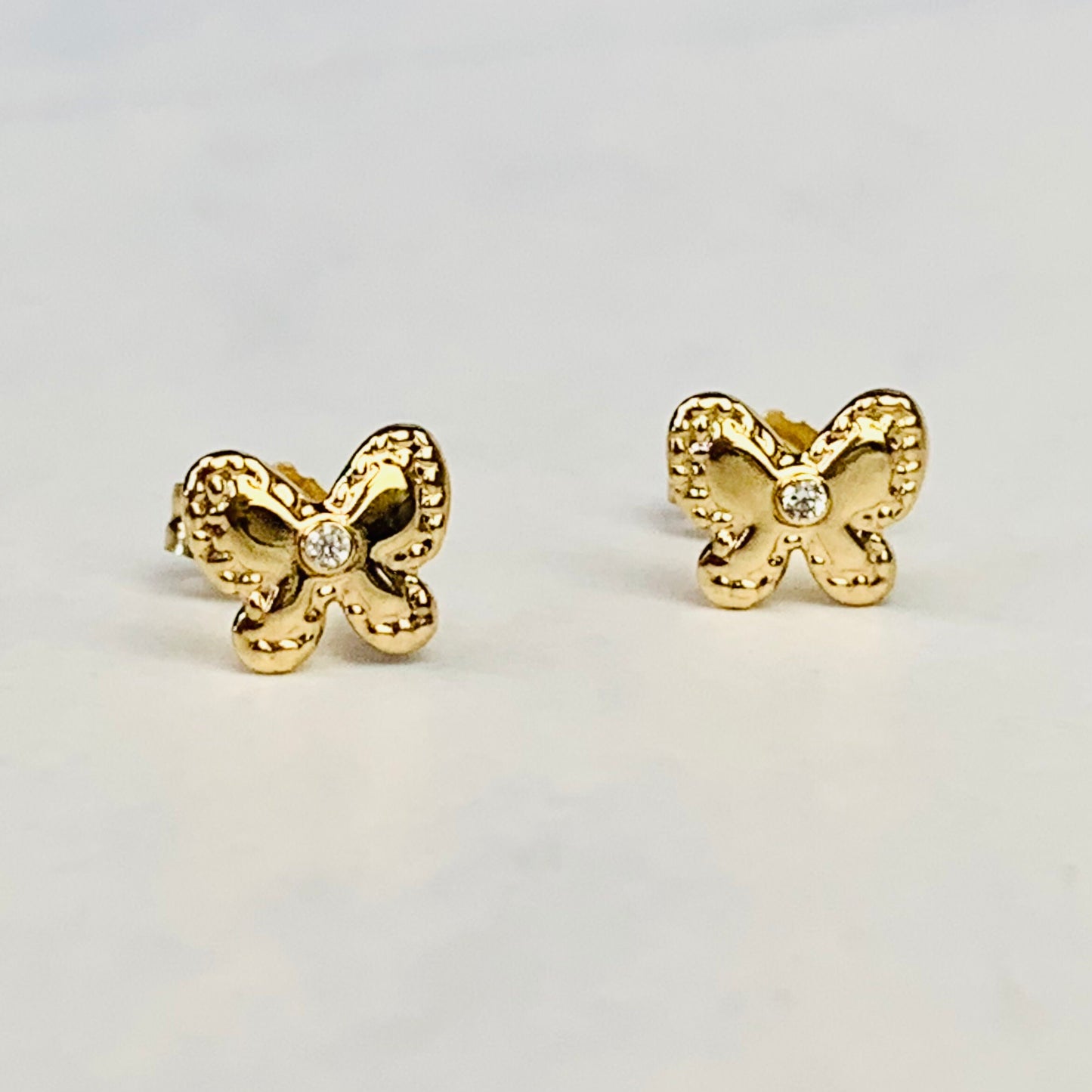 14K Solid Gold Small Butterfly CZ Stud Earrings