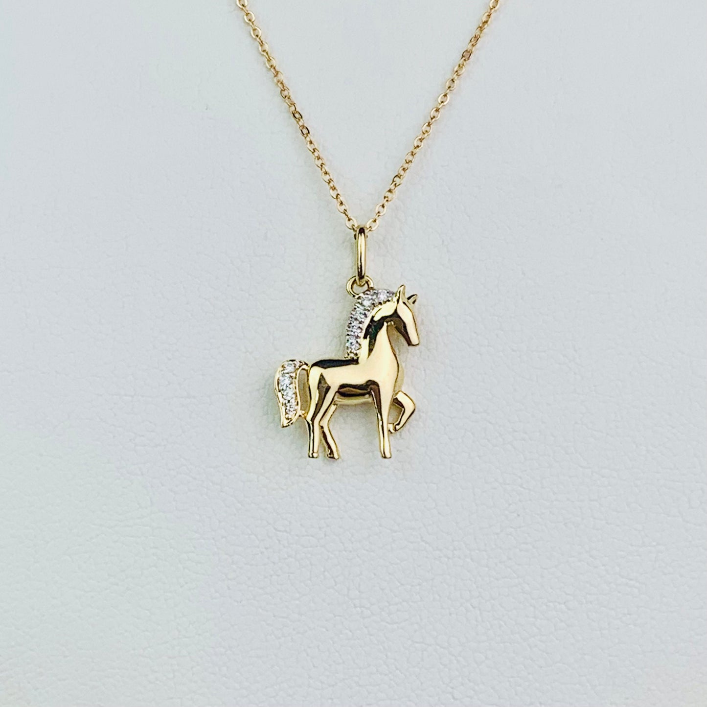 14K Solid Yellow Gold Genuine Diamond Horse Charm / Pendant with optional 14K Gold Cable Link Chain 16" or 18"