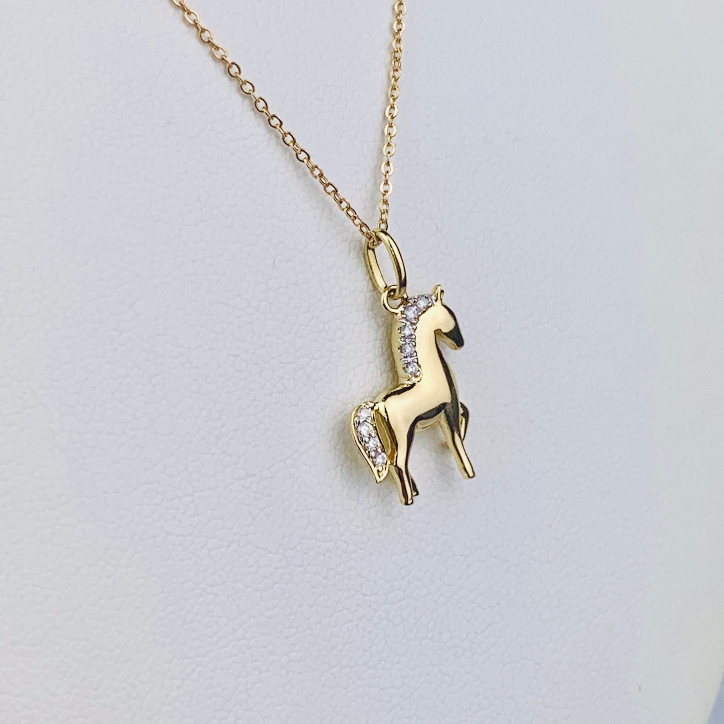 14K Solid Yellow Gold Genuine Diamond Horse Charm / Pendant with optional 14K Gold Cable Link Chain 16" or 18"