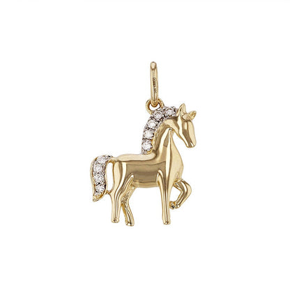 14K Solid Yellow Gold Genuine Diamond Horse Charm / Pendant with optional 14K Gold Cable Link Chain 16" or 18"