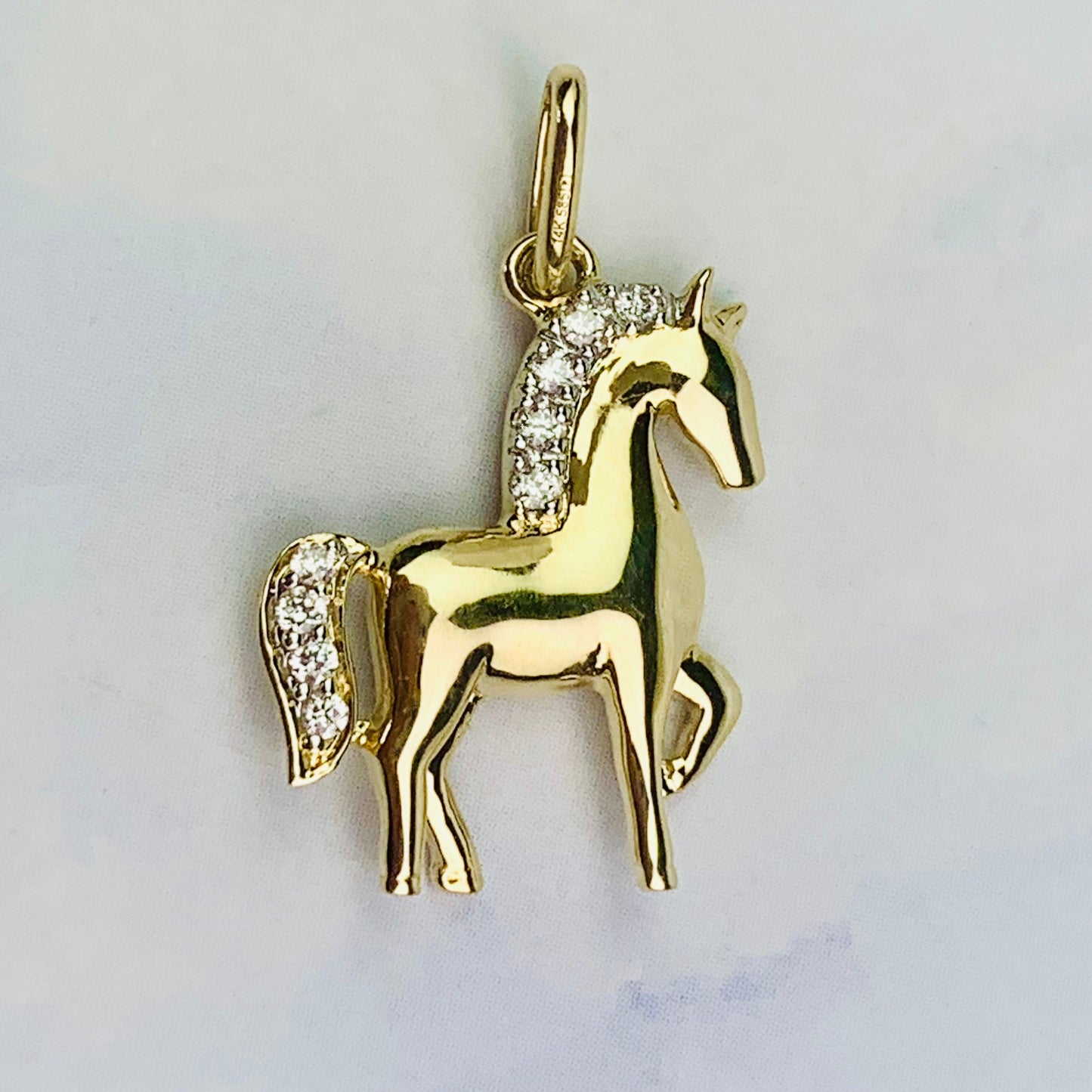 14K Solid Yellow Gold Genuine Diamond Horse Charm / Pendant with optional 14K Gold Cable Link Chain 16" or 18"