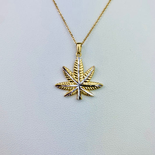 14K Yellow Gold Two Tone Gold Marijuana Leaf Charm / Pendant - 9.7mm x 9.7mm *optional 14K Gold Cable Link Chain 16" or 18"