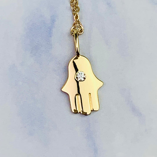 14K Solid Yellow Gold Hamsa Hand Charm with CZ / Necklace *optional 14K Gold Cable Link Chain 16" or 18"