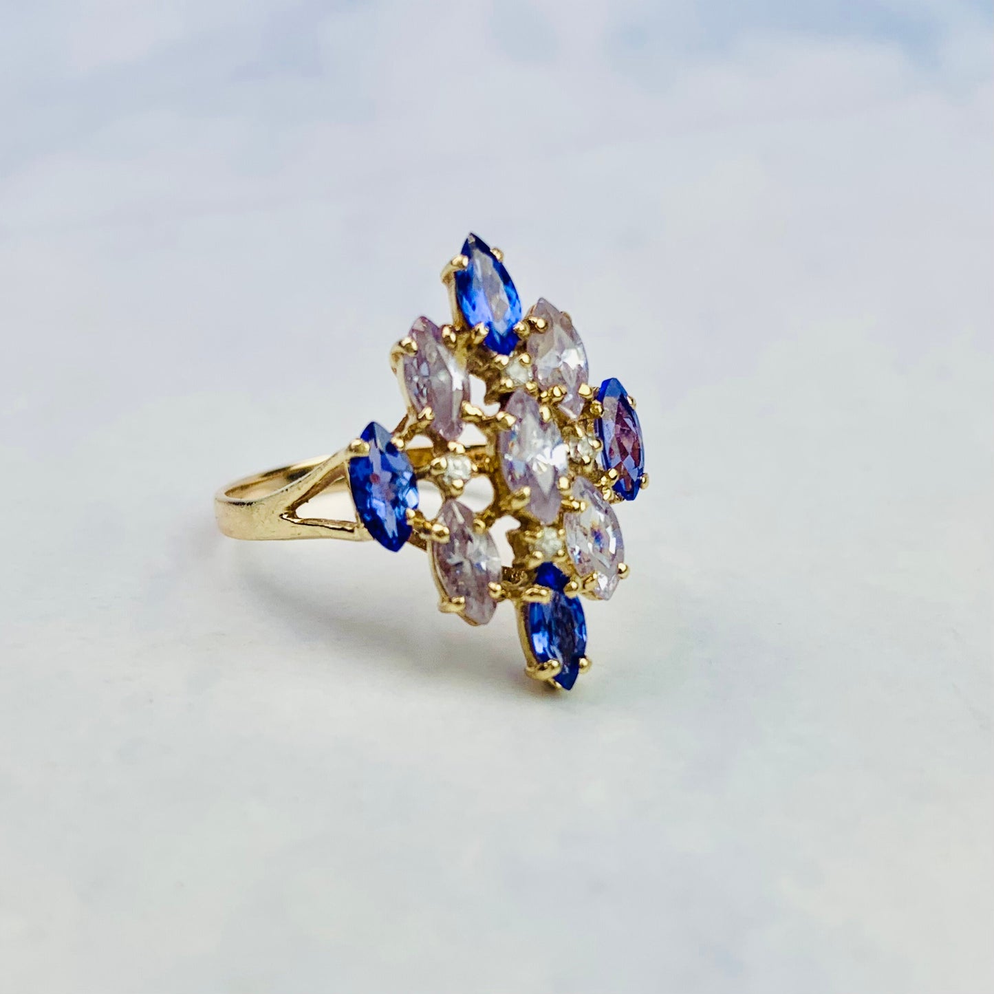 Vintage 10K Yellow Gold Marquise Cut Tanzanite and CZ Multi-stone Navette Statement Ring - Size 7.25 US