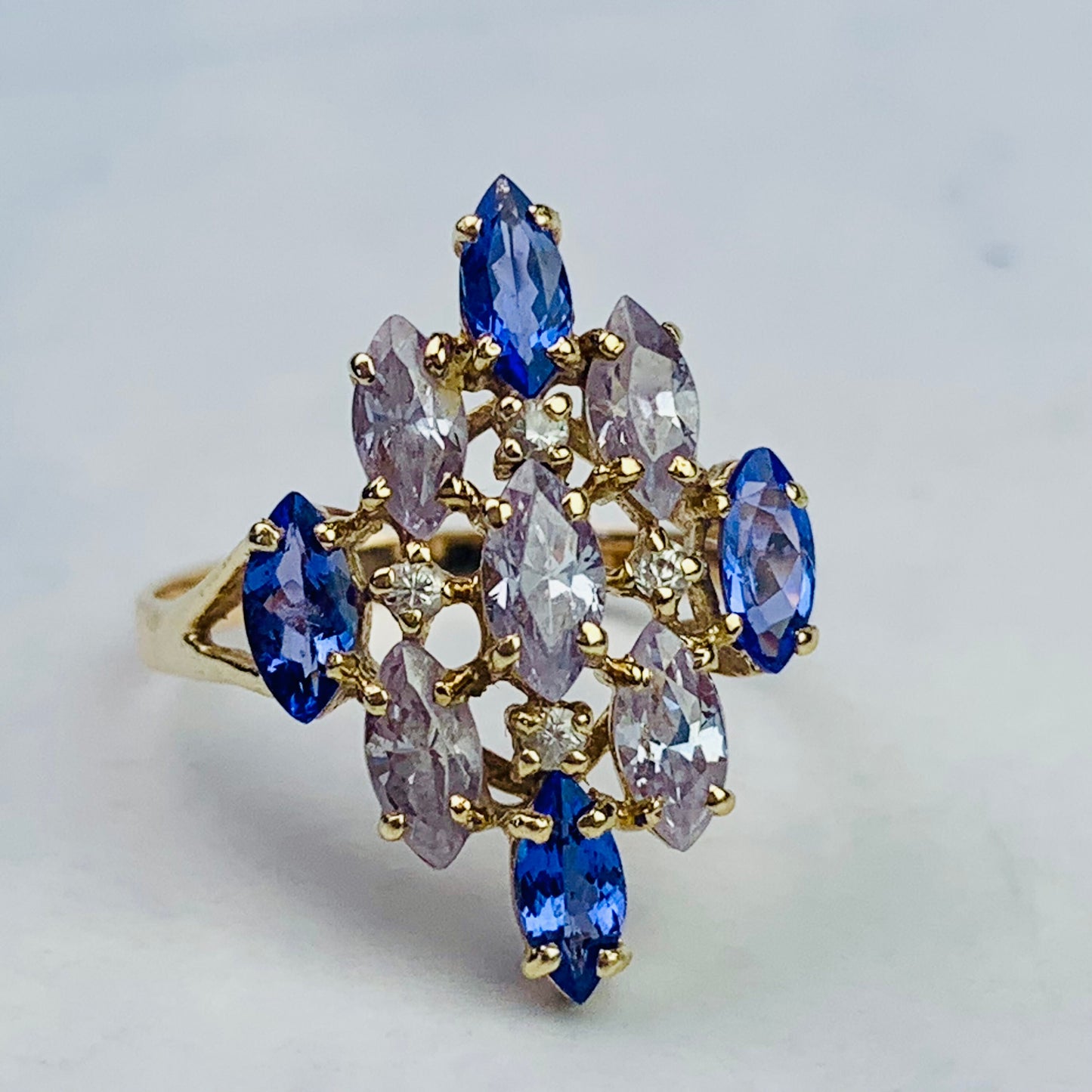 Vintage 10K Yellow Gold Marquise Cut Tanzanite and CZ Multi-stone Navette Statement Ring - Size 7.25 US