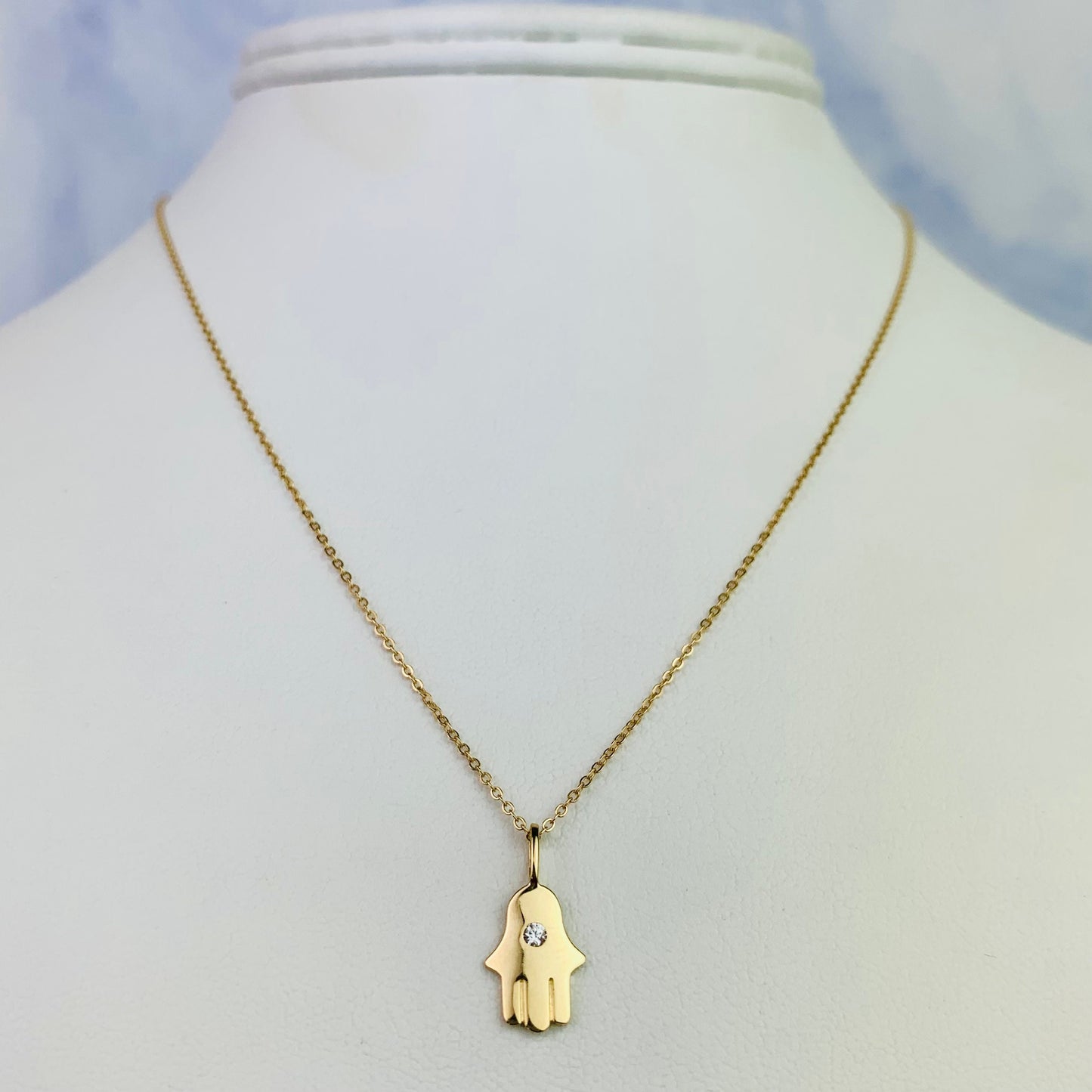 14K Solid Yellow Gold Hamsa Hand Charm with CZ / Necklace *optional 14K Gold Cable Link Chain 16" or 18"