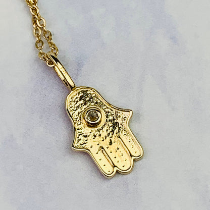 14K Solid Yellow Gold Hamsa Hand Charm with CZ / Necklace *optional 14K Gold Cable Link Chain 16" or 18"