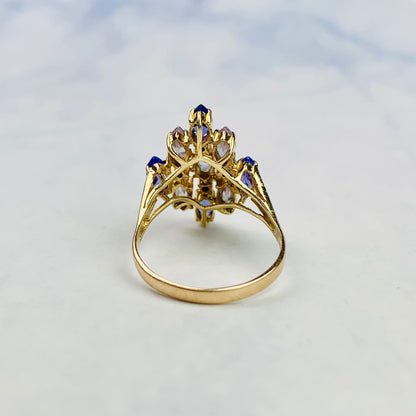 Vintage 10K Yellow Gold Marquise Cut Tanzanite and CZ Multi-stone Navette Statement Ring - Size 7.25 US