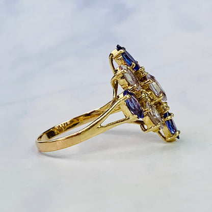 Vintage 10K Yellow Gold Marquise Cut Tanzanite and CZ Multi-stone Navette Statement Ring - Size 7.25 US