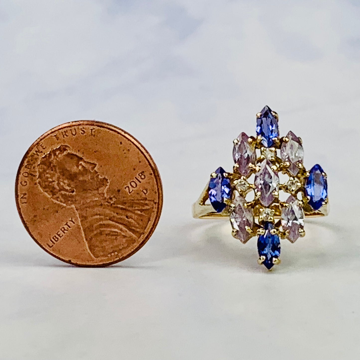 Vintage 10K Yellow Gold Marquise Cut Tanzanite and CZ Multi-stone Navette Statement Ring - Size 7.25 US