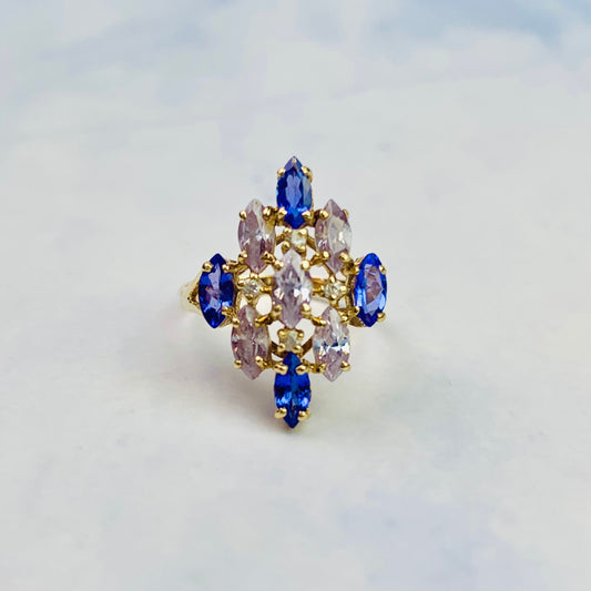 Vintage 10K Yellow Gold Marquise Cut Tanzanite and CZ Multi-stone Navette Statement Ring - Size 7.25 US