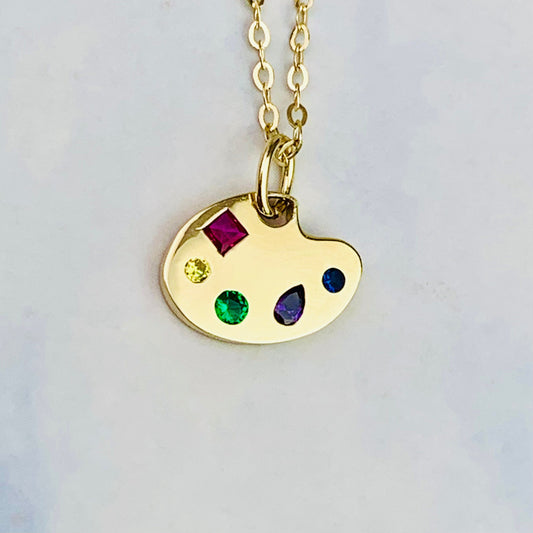 9K Solid Yellow Gold Artist's Palette Charm with Multi color CZ stones  *optional 14K Gold Cable Link Chain 16" or 18"