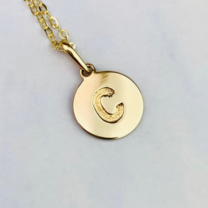 14K Solid Yellow Gold Letter C Engraved Disc Charm optional 14K Gold Cable Link Chain 16" or 18"