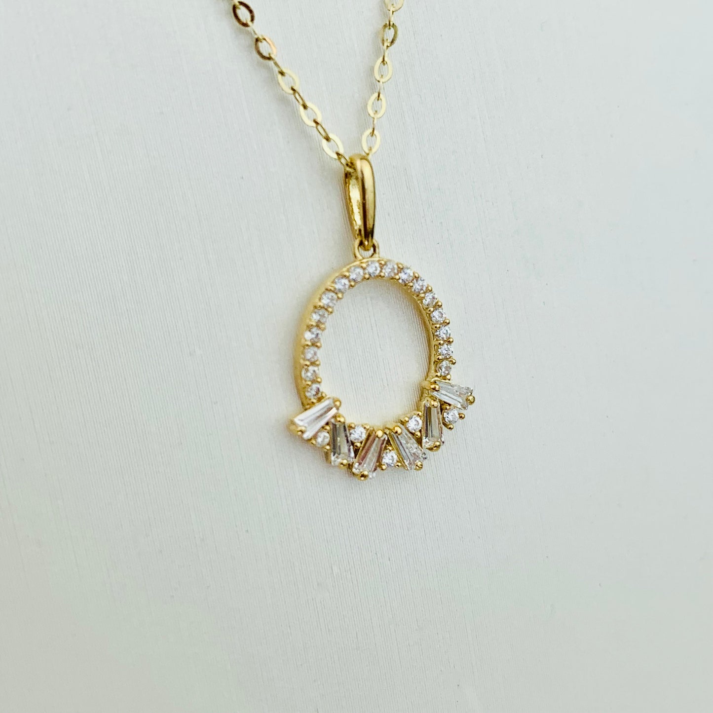 14K Solid Yellow Gold Oval Charm CZ Cluster optional 14K Gold Cable Link Chain 16" or 18"