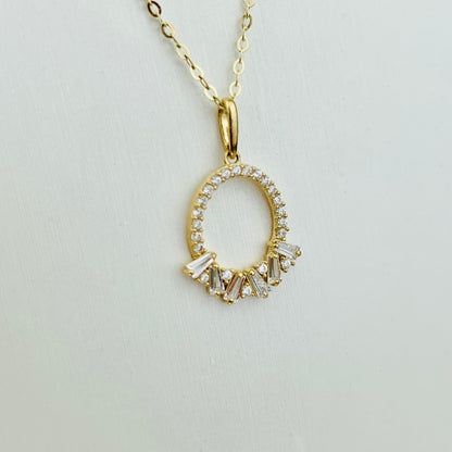 14K Solid Yellow Gold Oval Charm CZ Cluster optional 14K Gold Cable Link Chain 16" or 18"