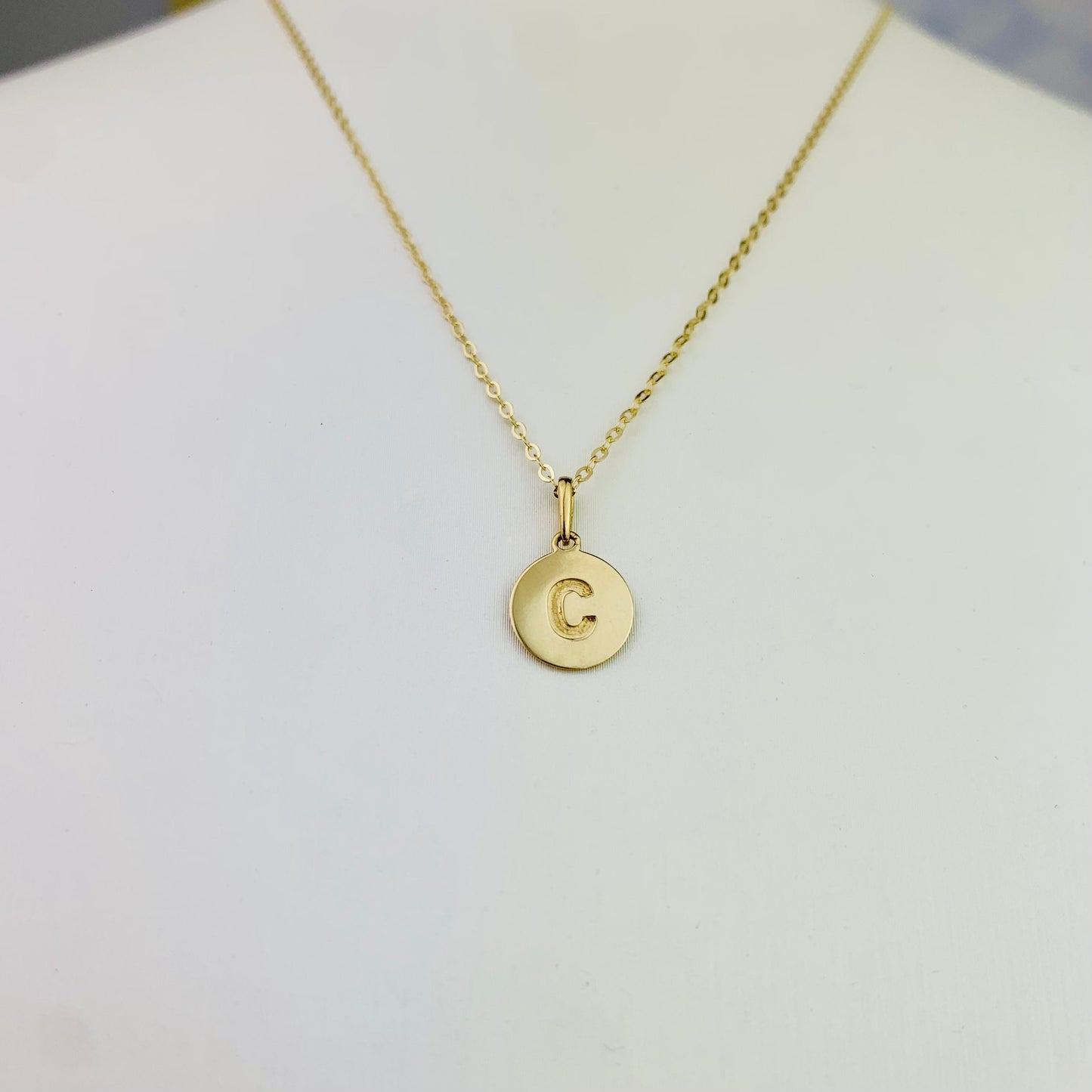 14K Solid Yellow Gold Letter C Engraved Disc Charm optional 14K Gold Cable Link Chain 16" or 18"