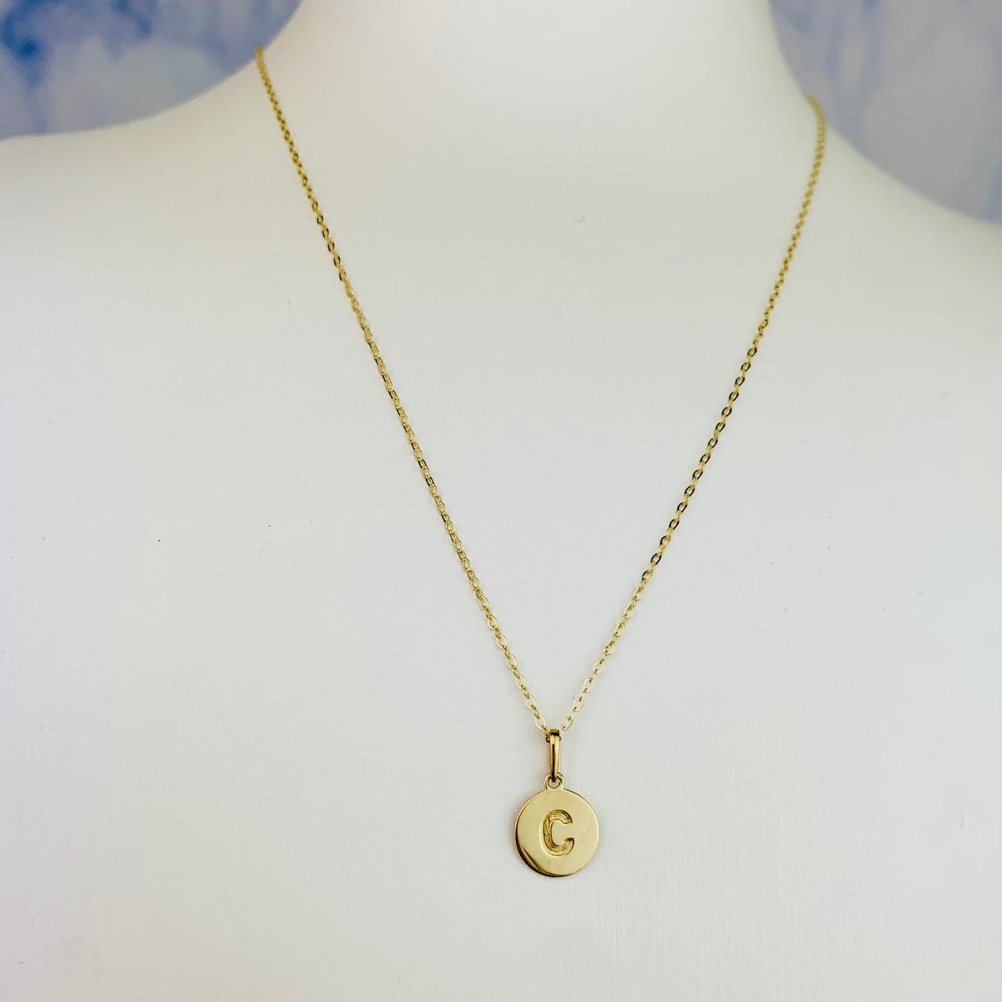 14K Solid Yellow Gold Letter C Engraved Disc Charm optional 14K Gold Cable Link Chain 16" or 18"