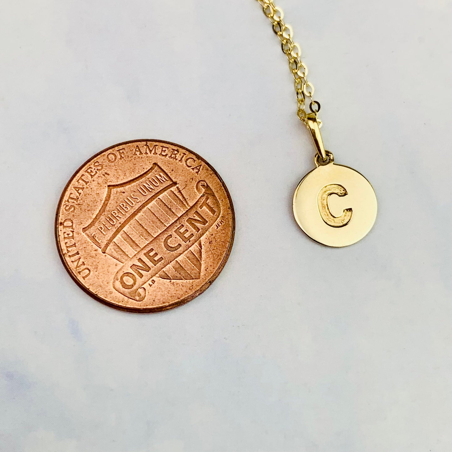 14K Solid Yellow Gold Letter C Engraved Disc Charm optional 14K Gold Cable Link Chain 16" or 18"