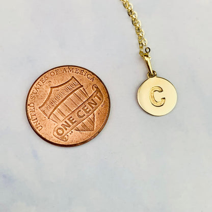 14K Solid Yellow Gold Letter C Engraved Disc Charm optional 14K Gold Cable Link Chain 16" or 18"