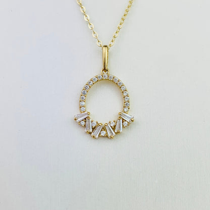 14K Solid Yellow Gold Oval Charm CZ Cluster optional 14K Gold Cable Link Chain 16" or 18"