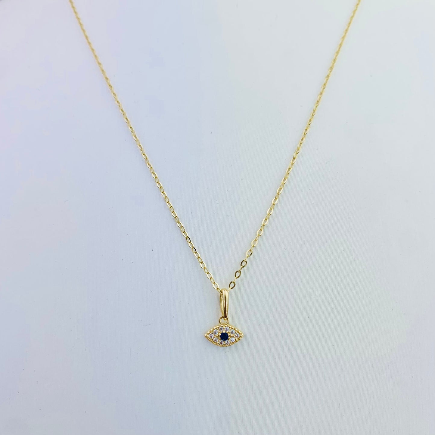 14K Solid Gold Tiny Evil Eye Charm with Clear and Blue CZ stones  *optional 14K Gold Cable Link Chain 16" or 18"