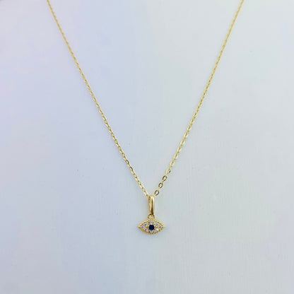 14K Solid Gold Tiny Evil Eye Charm with Clear and Blue CZ stones  *optional 14K Gold Cable Link Chain 16" or 18"