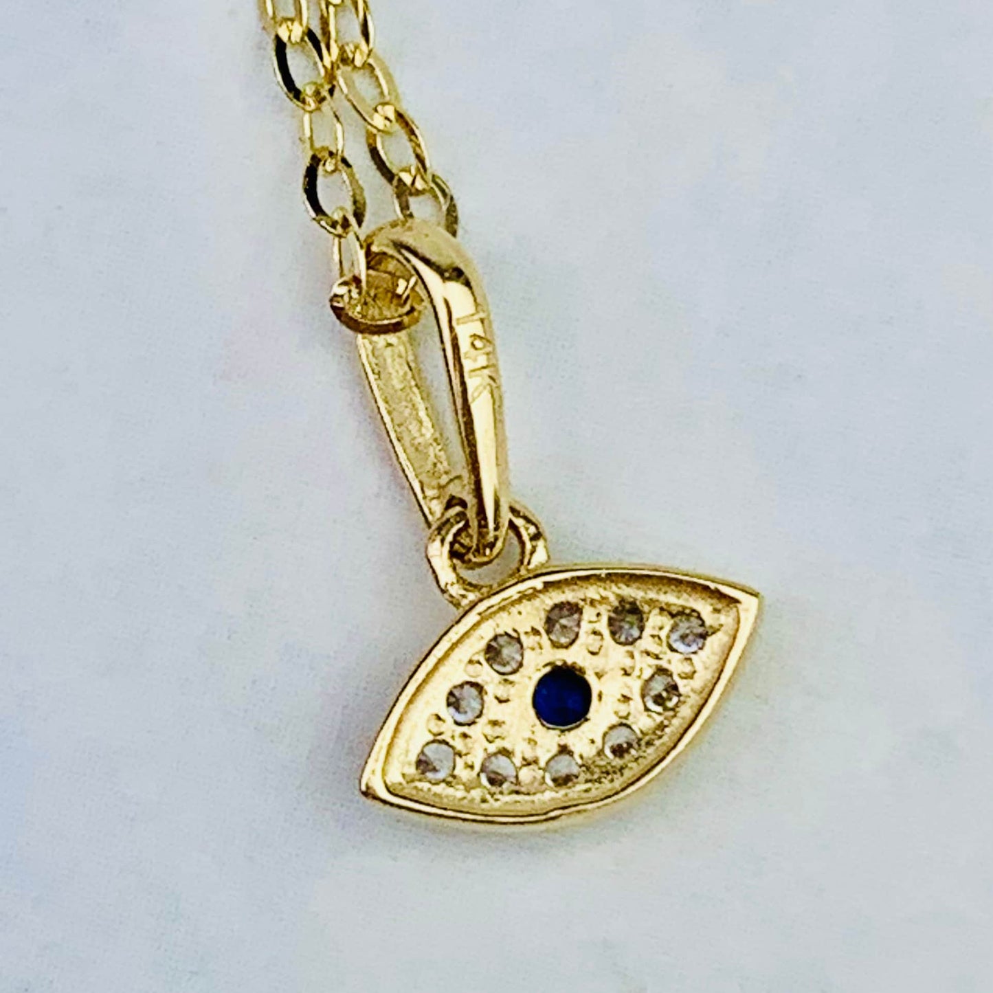 14K Solid Gold Tiny Evil Eye Charm with Clear and Blue CZ stones  *optional 14K Gold Cable Link Chain 16" or 18"