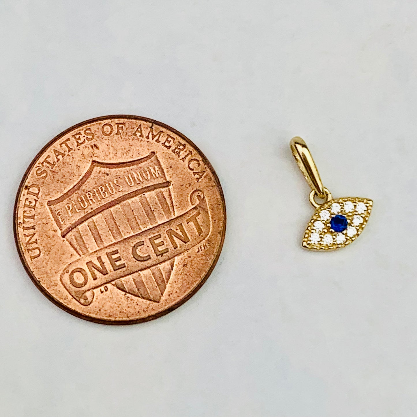 14K Solid Gold Tiny Evil Eye Charm with Clear and Blue CZ stones  *optional 14K Gold Cable Link Chain 16" or 18"