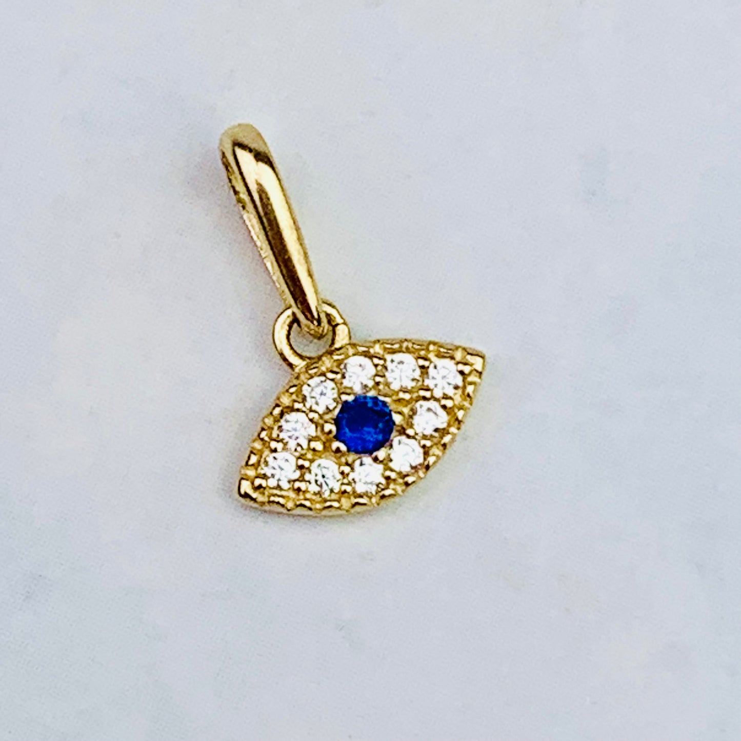 14K Solid Gold Tiny Evil Eye Charm with Clear and Blue CZ stones  *optional 14K Gold Cable Link Chain 16" or 18"