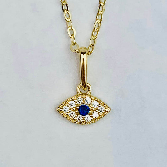 14K Solid Gold Tiny Evil Eye Charm with Clear and Blue CZ stones  *optional 14K Gold Cable Link Chain 16" or 18"