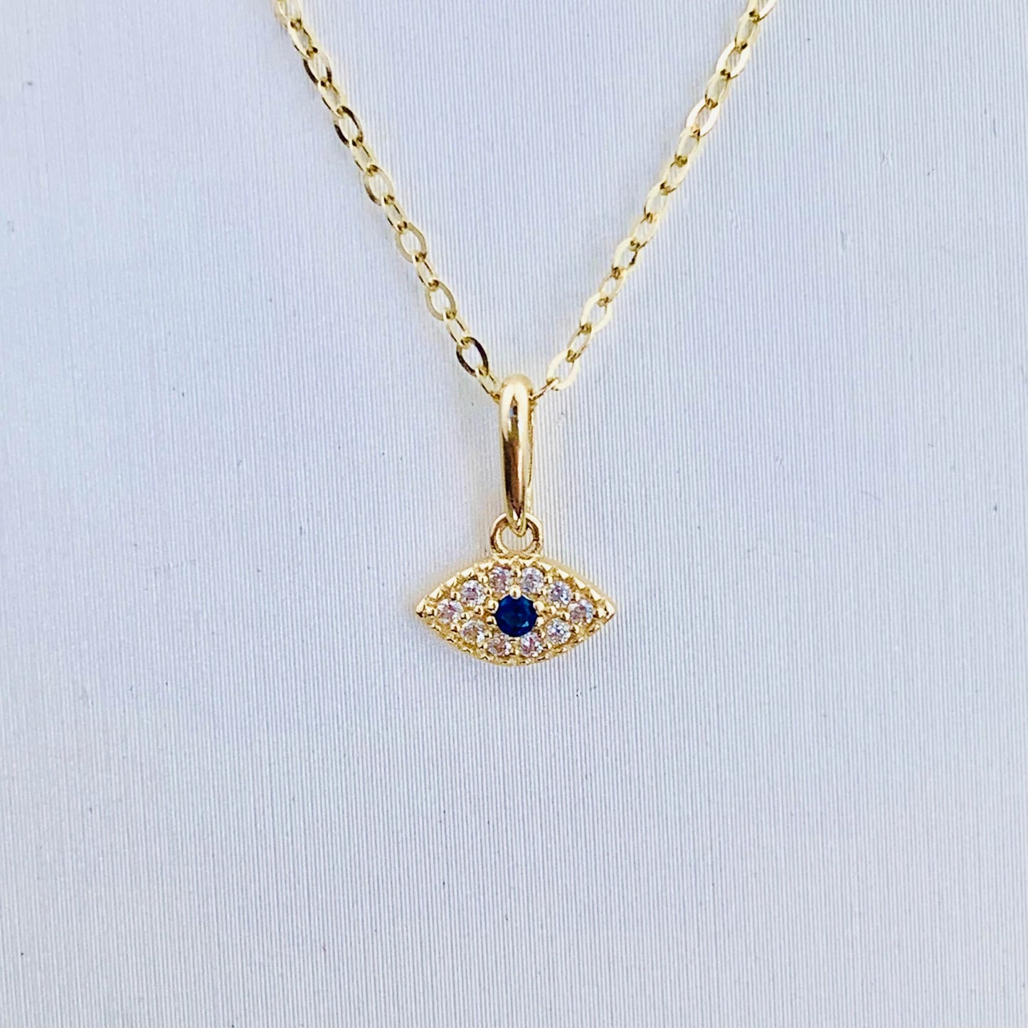 14K Solid Gold Tiny Evil Eye Charm with Clear and Blue CZ stones  *optional 14K Gold Cable Link Chain 16" or 18"