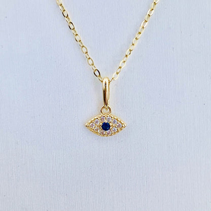 14K Solid Gold Tiny Evil Eye Charm with Clear and Blue CZ stones  *optional 14K Gold Cable Link Chain 16" or 18"