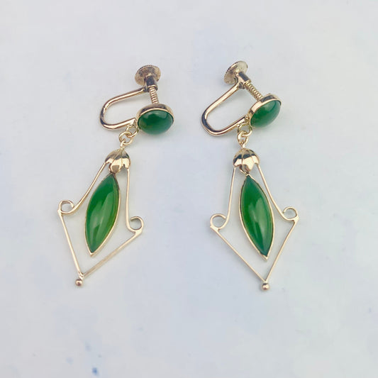 Vintage Estate 18K Gold Dangle / Drop Jade Screw-Back Earrings - Estate