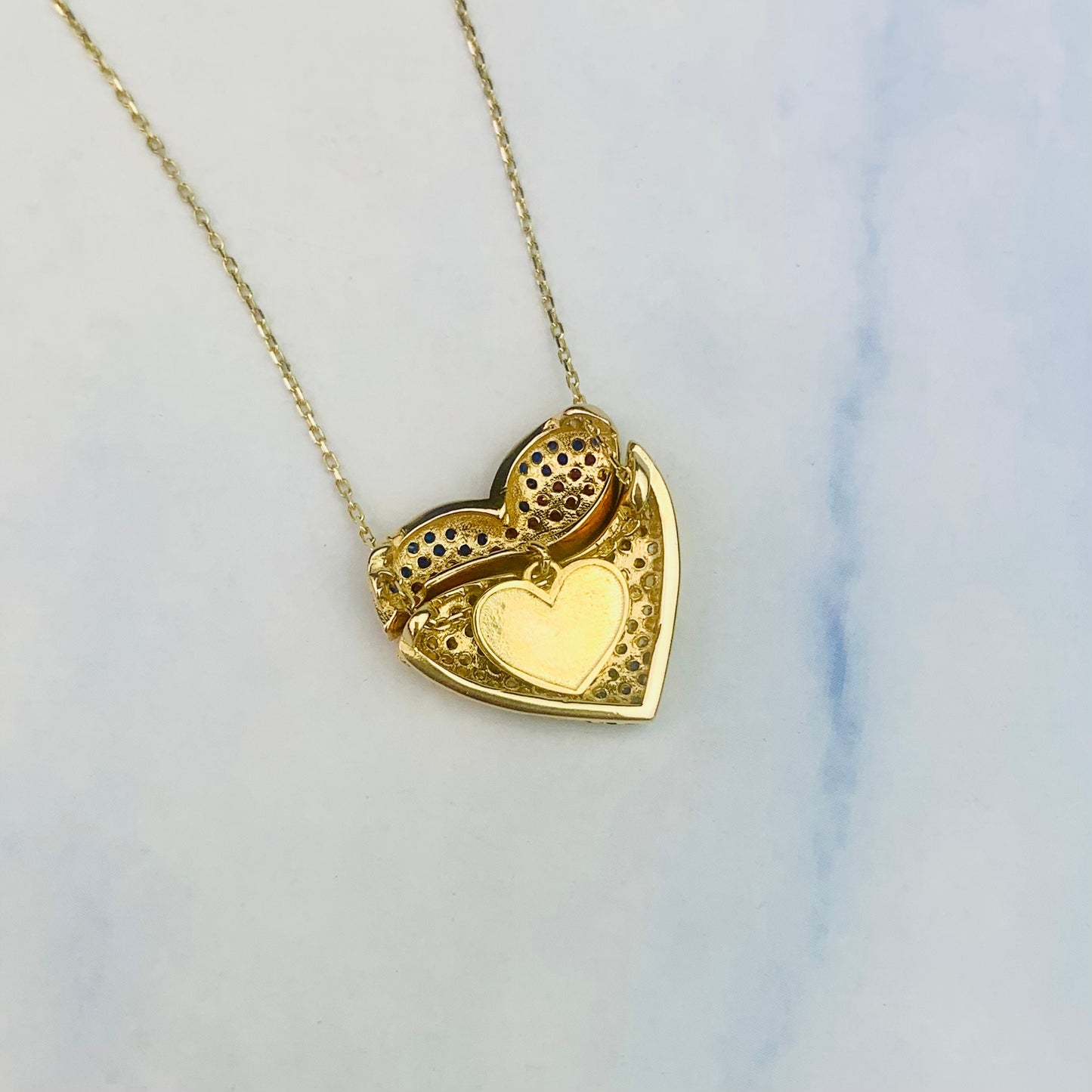 14K Solid Yellow Gold Paved CZ Puffy Heart with a Secret Gold Heart - Mechanic Charm Necklace - 18" - 19"