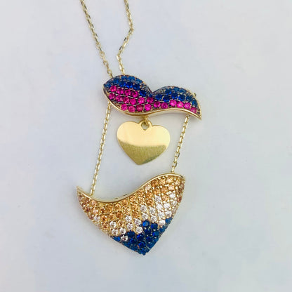 14K Solid Yellow Gold Paved CZ Puffy Heart with a Secret Gold Heart - Mechanic Charm Necklace - 18" - 19"