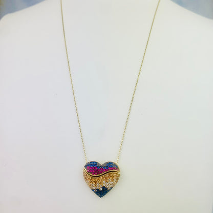 14K Solid Yellow Gold Paved CZ Puffy Heart with a Secret Gold Heart - Mechanic Charm Necklace - 18" - 19"