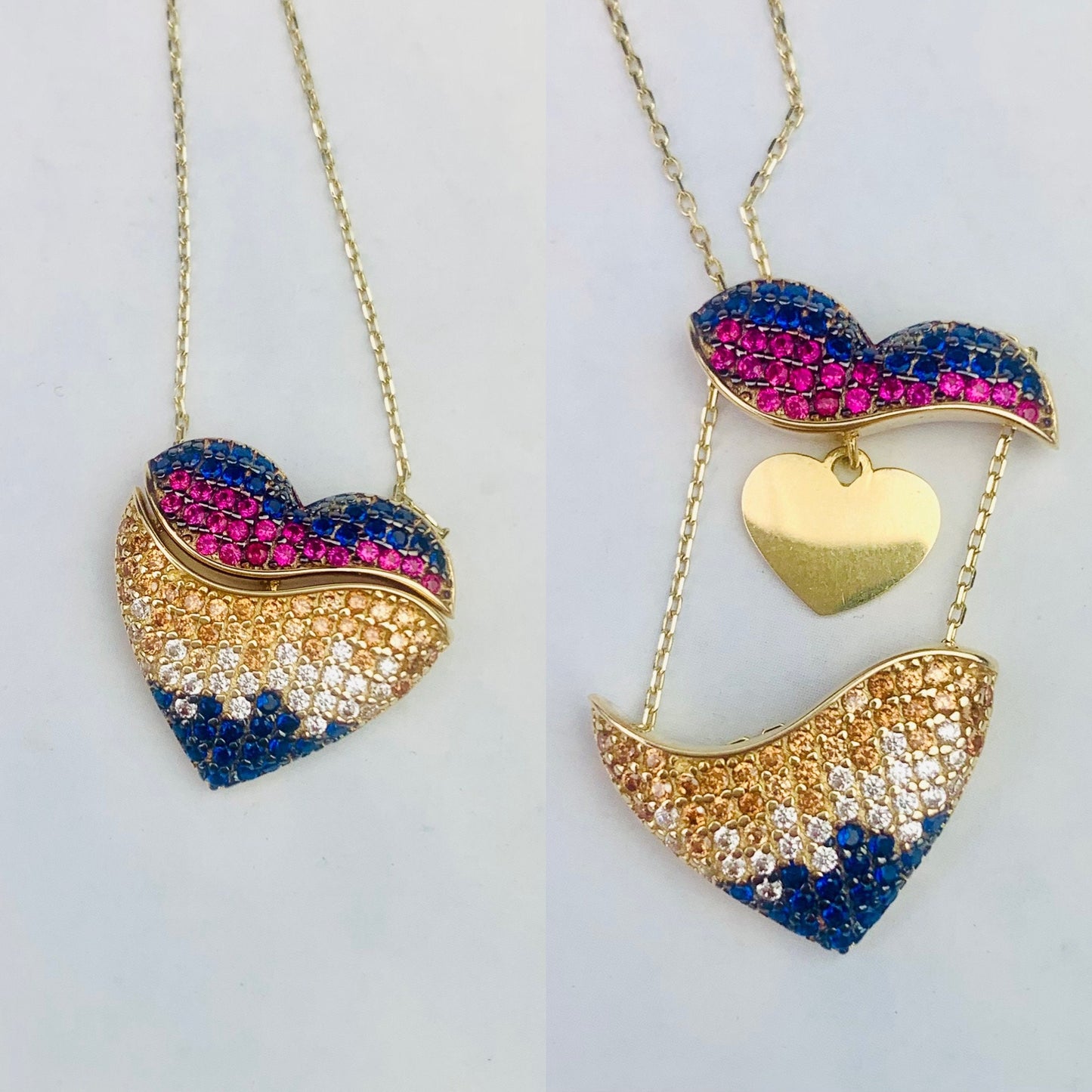 14K Solid Yellow Gold Paved CZ Puffy Heart with a Secret Gold Heart - Mechanic Charm Necklace - 18" - 19"