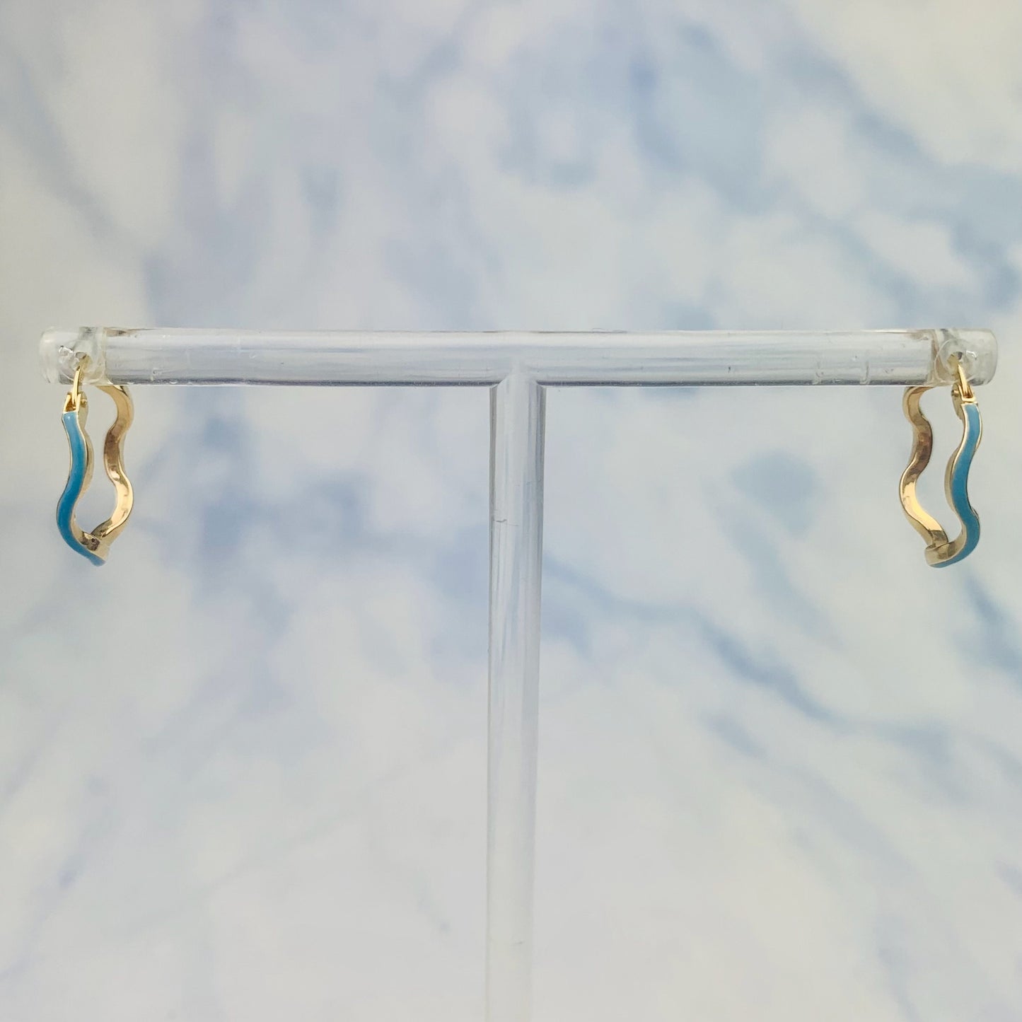 14K Yellow Gold Blue Enamel Wavy Hinged Hoop Earrings - Solid Gold