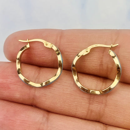 14K Yellow Gold Blue Enamel Wavy Hinged Hoop Earrings - Solid Gold