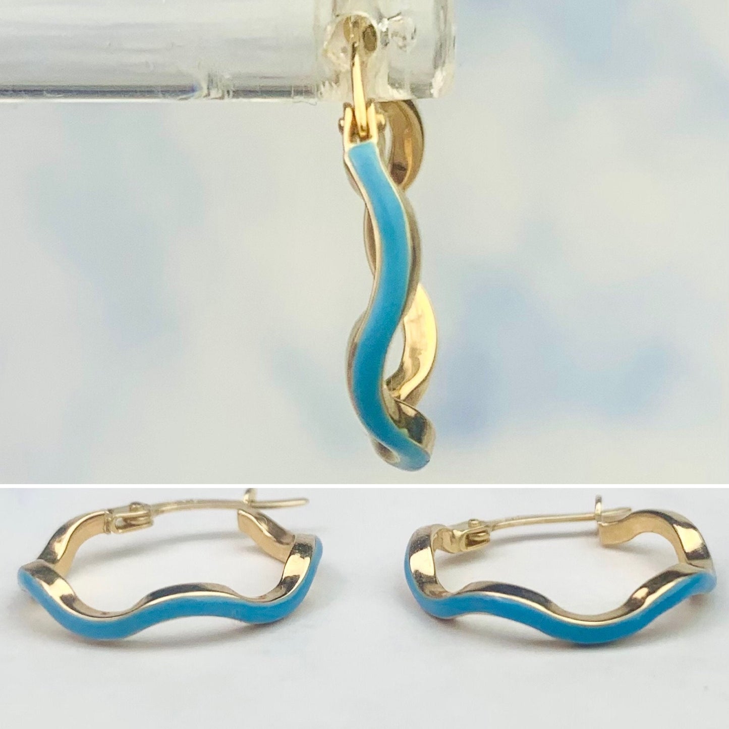 14K Yellow Gold Blue Enamel Wavy Hinged Hoop Earrings - Solid Gold