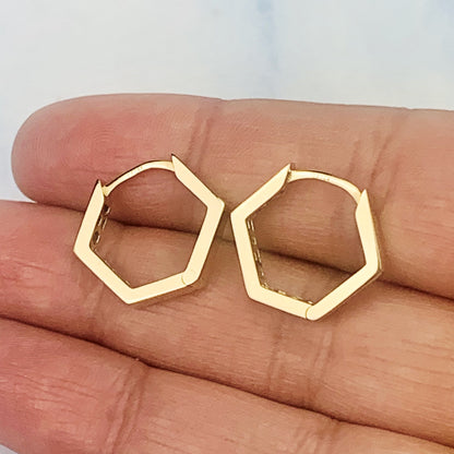 14K Yellow Gold 16mm Hexagon Hinged Hoop Earrings - Solid Gold