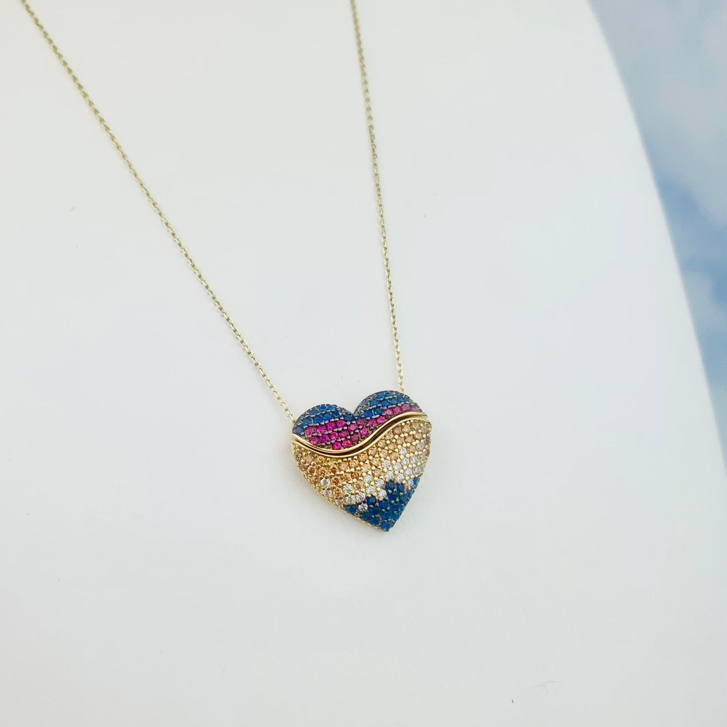 14K Solid Yellow Gold Paved CZ Puffy Heart with a Secret Gold Heart - Mechanic Charm Necklace - 18" - 19"