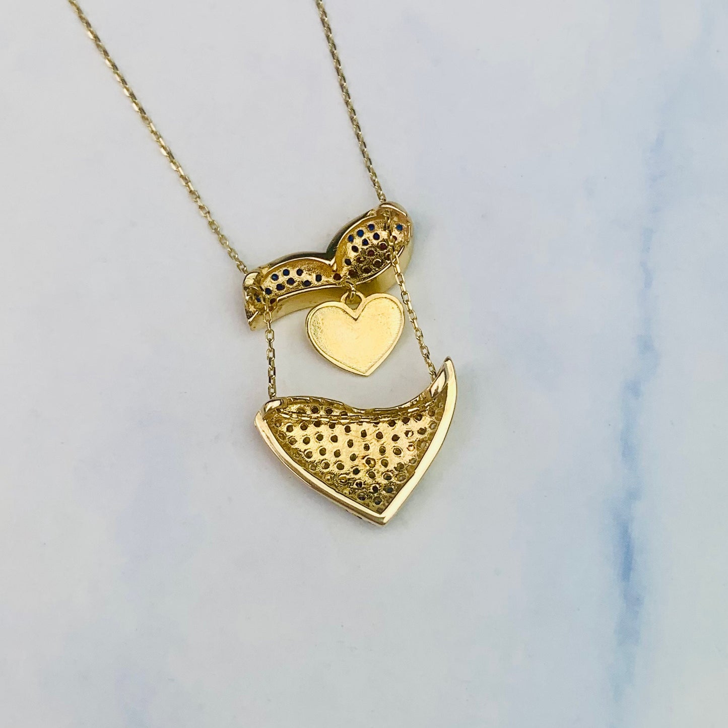 14K Solid Yellow Gold Paved CZ Puffy Heart with a Secret Gold Heart - Mechanic Charm Necklace - 18" - 19"