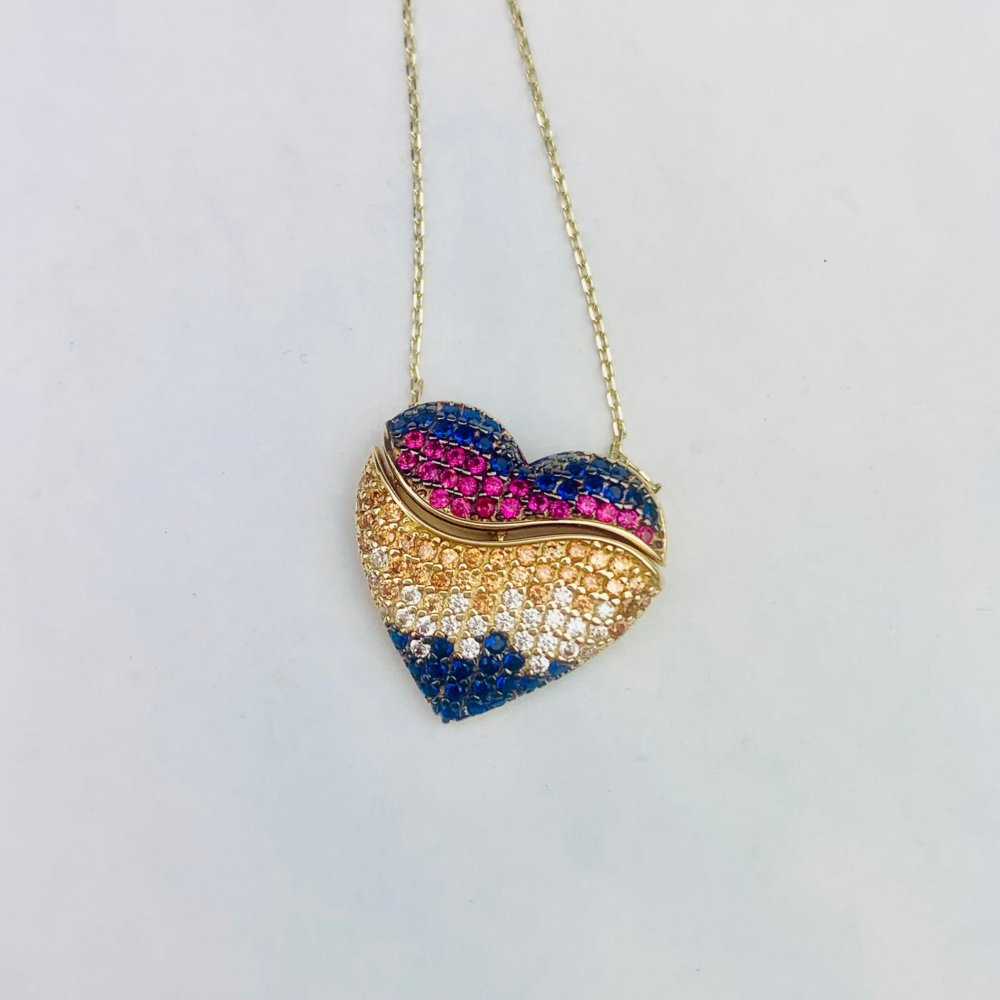 14K Solid Yellow Gold Paved CZ Puffy Heart with a Secret Gold Heart - Mechanic Charm Necklace - 18" - 19"