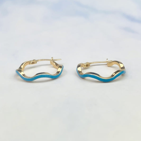 14K Yellow Gold Blue Enamel Wavy Hinged Hoop Earrings - Solid Gold