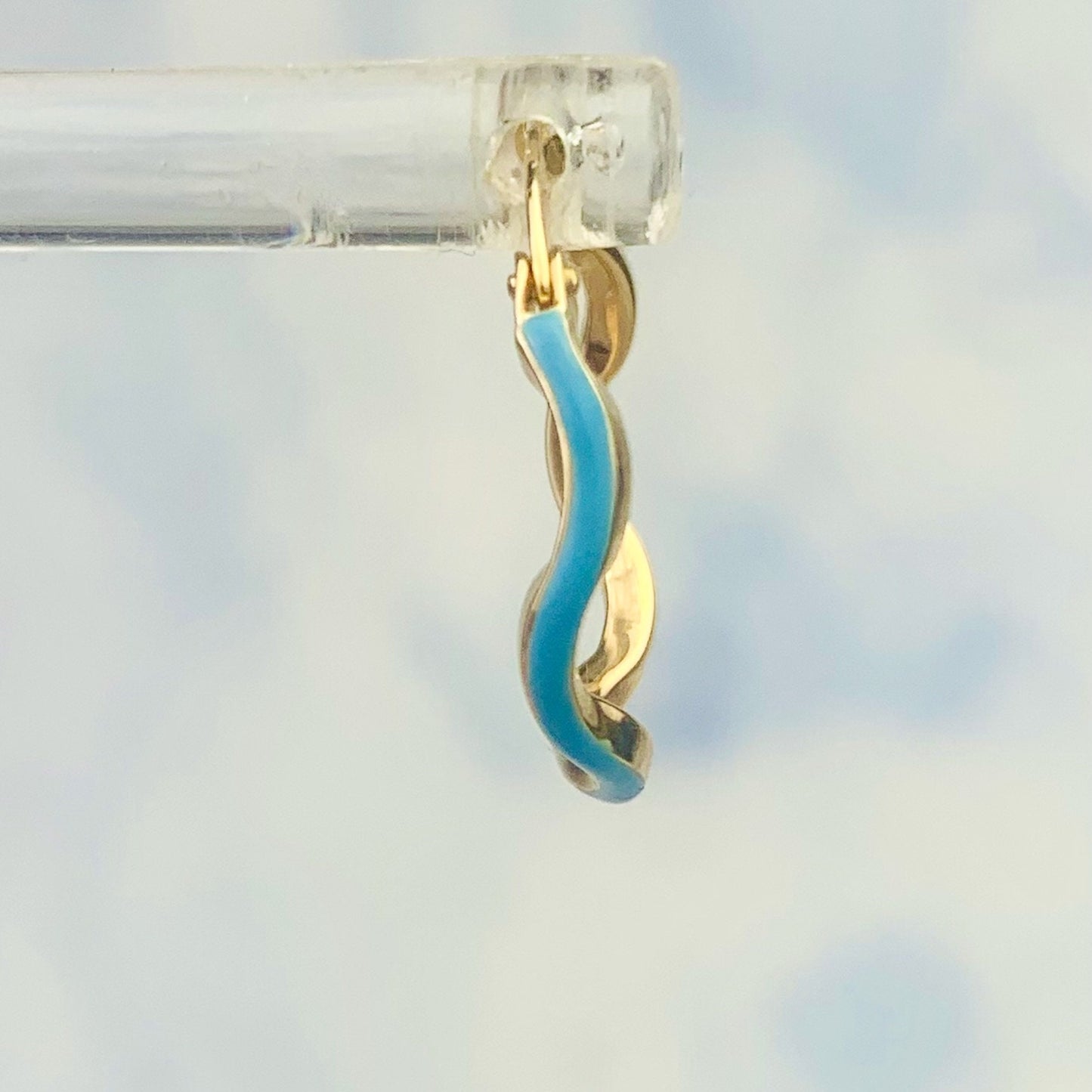 14K Yellow Gold Blue Enamel Wavy Hinged Hoop Earrings - Solid Gold