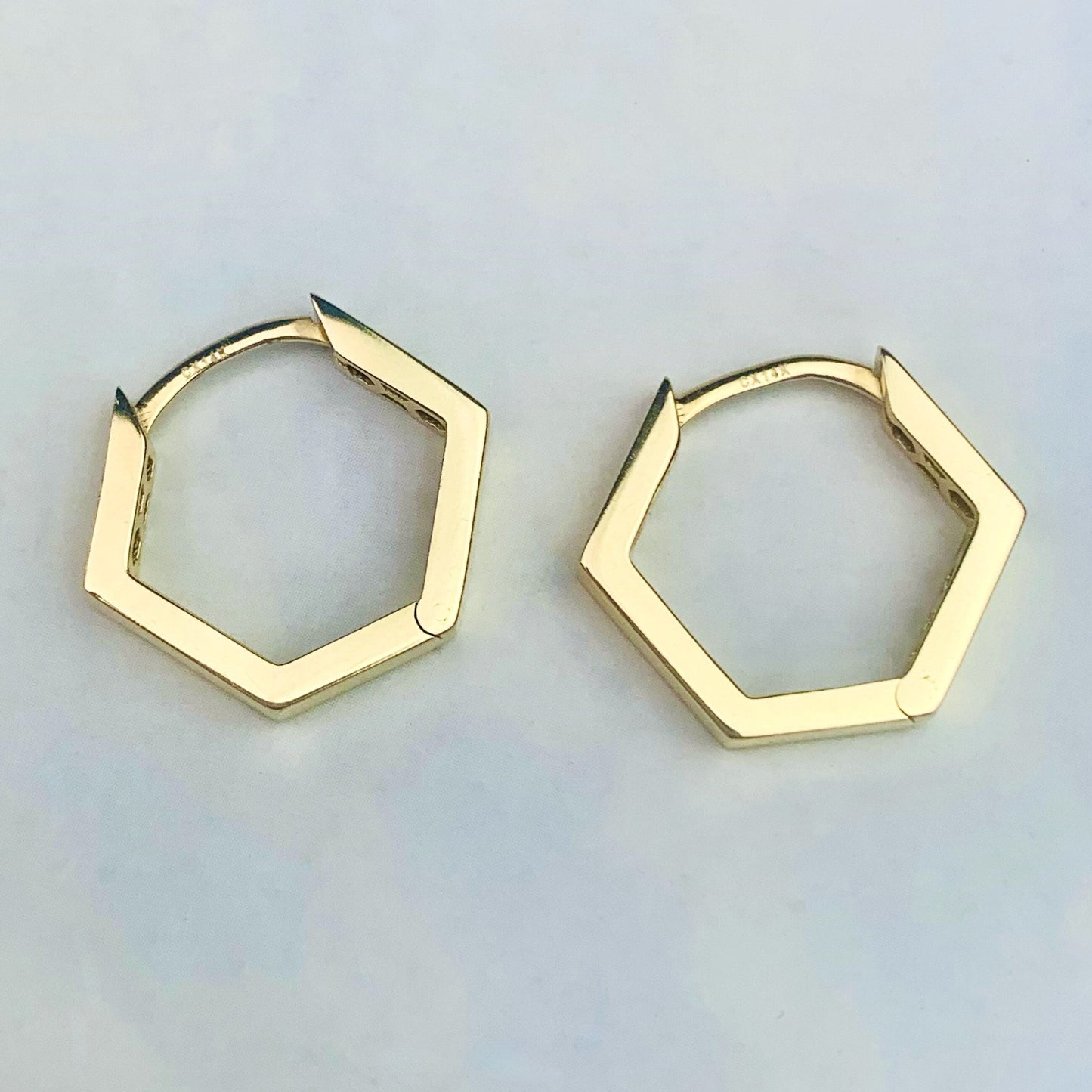 14K Yellow Gold 16mm Hexagon Hinged Hoop Earrings - Solid Gold